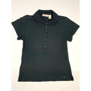 DKNY Shirt Women Size PM Black Short Sleeve Button Collared Golf Polo Pocket